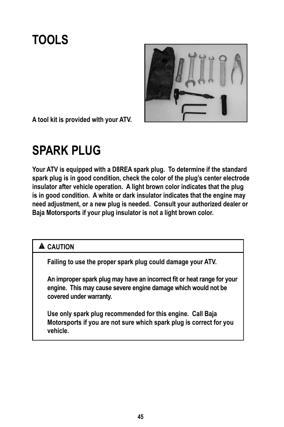 Tools, Spark plug | Baja Motorsports WD400-U Operator's Manual User Manual | Page 49 / 89