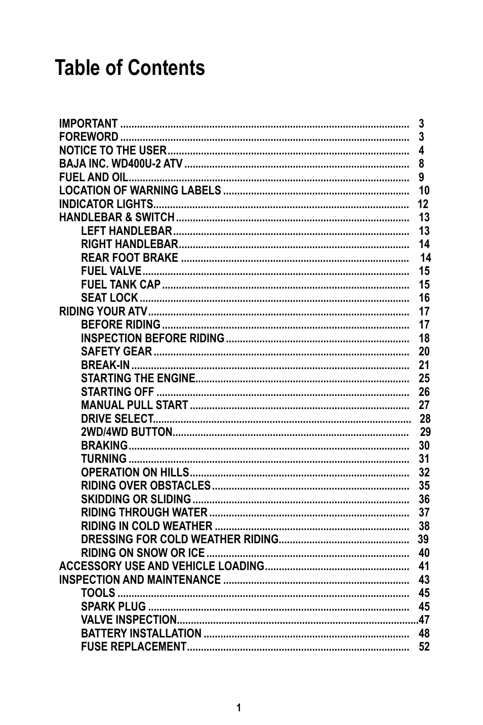 Baja Motorsports WD400-U Operator's Manual User Manual | Page 5 / 89