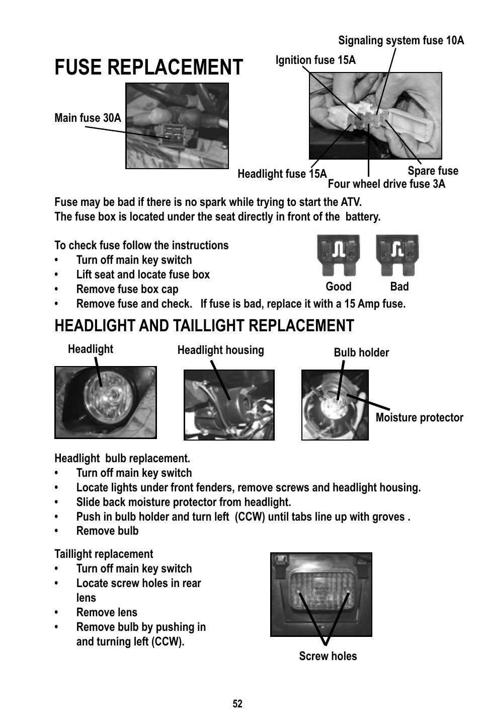 Fuse replacement, Headlight and taillight replacement | Baja Motorsports WD400-U Operator's Manual User Manual | Page 56 / 89