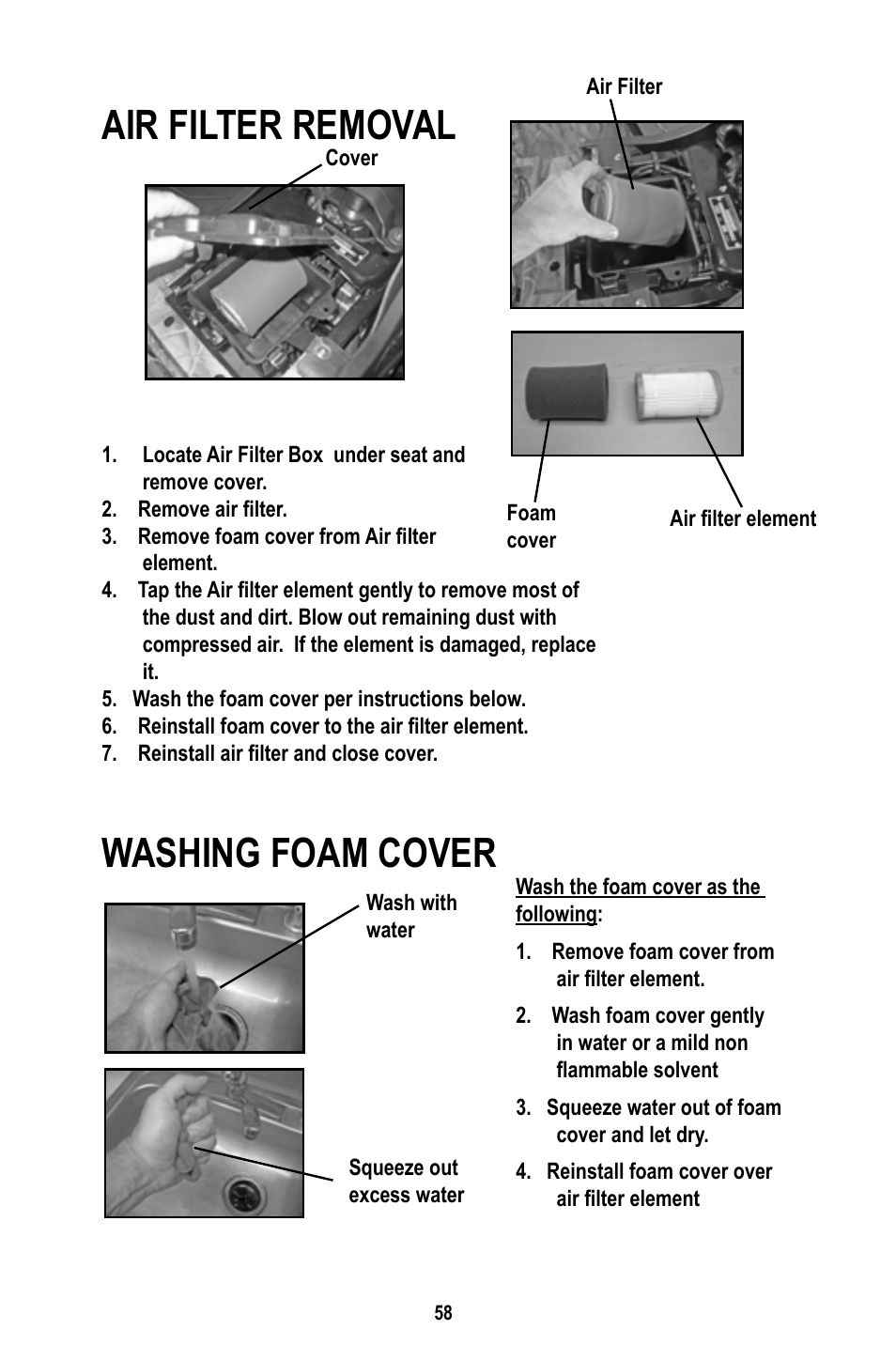 Air filter removal washing foam cover | Baja Motorsports WD400-U Operator's Manual User Manual | Page 62 / 89