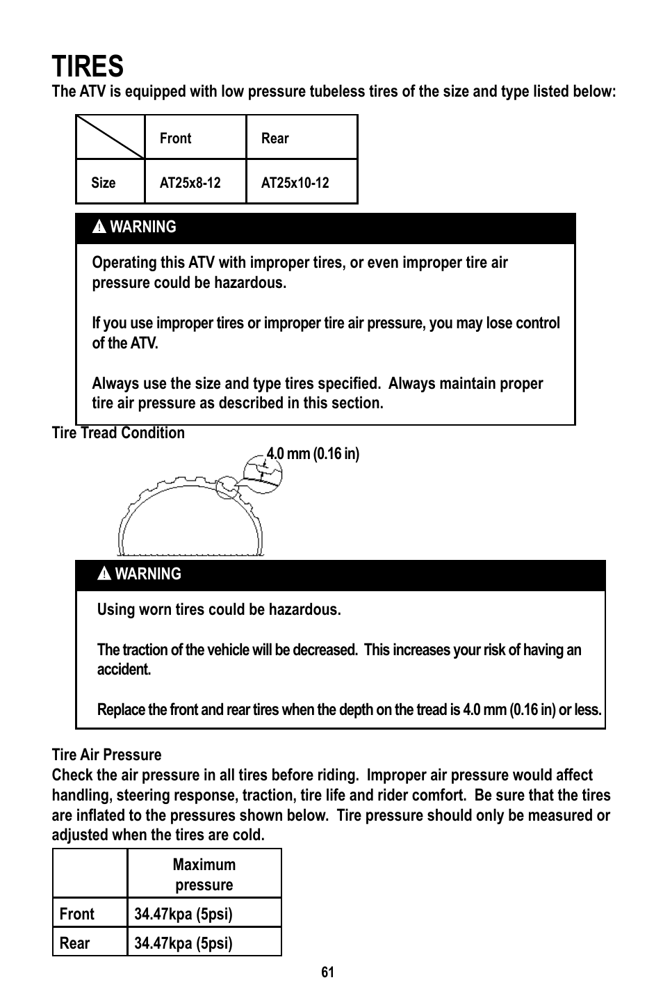 Tires | Baja Motorsports WD400-U Operator's Manual User Manual | Page 65 / 89