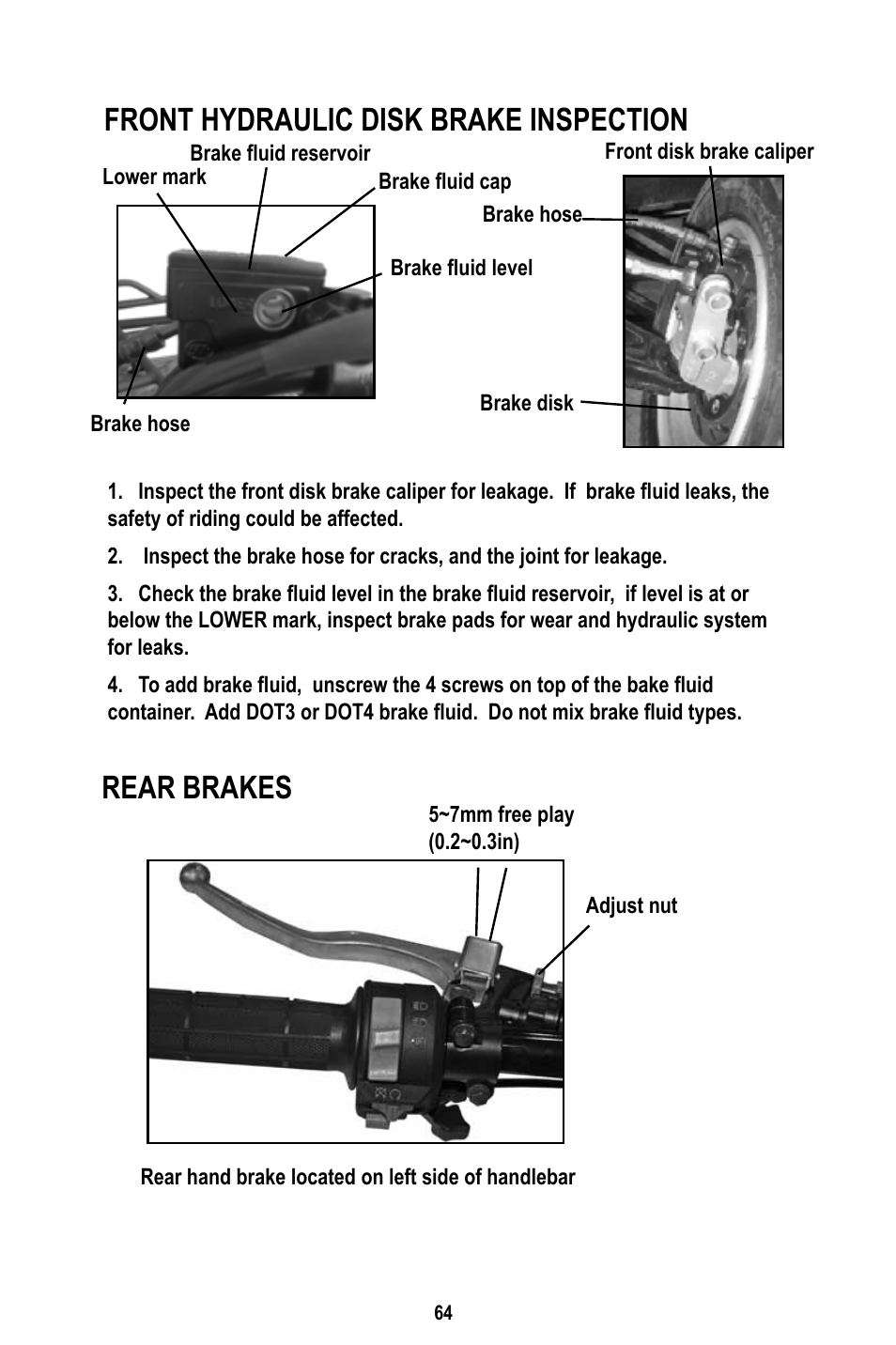 Rear brakes, Front hydraulic disk brake inspection | Baja Motorsports WD400-U Operator's Manual User Manual | Page 68 / 89