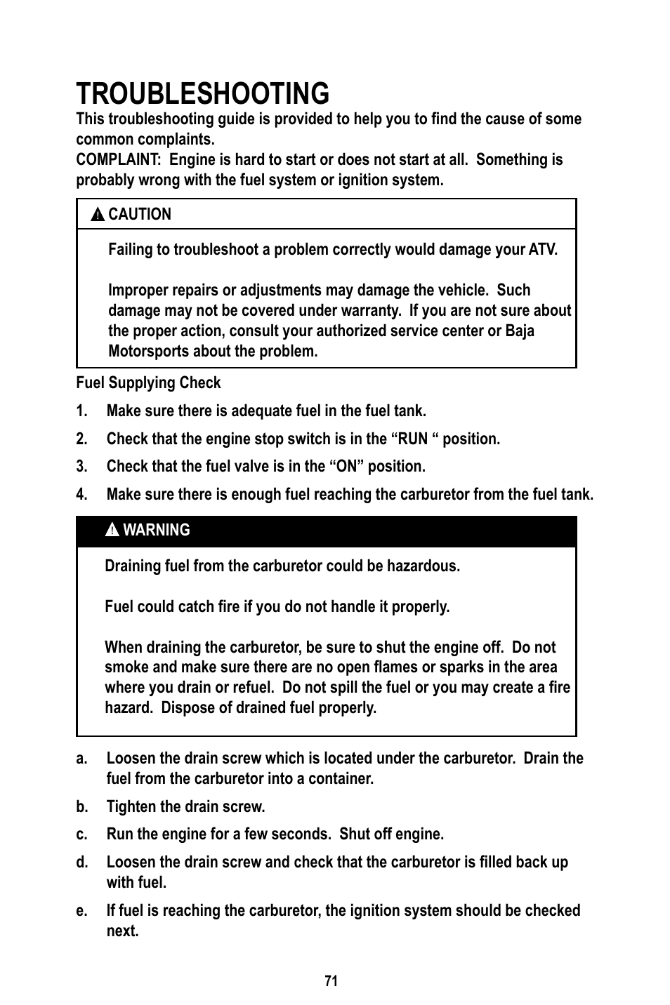 Troubleshooting | Baja Motorsports WD400-U Operator's Manual User Manual | Page 75 / 89