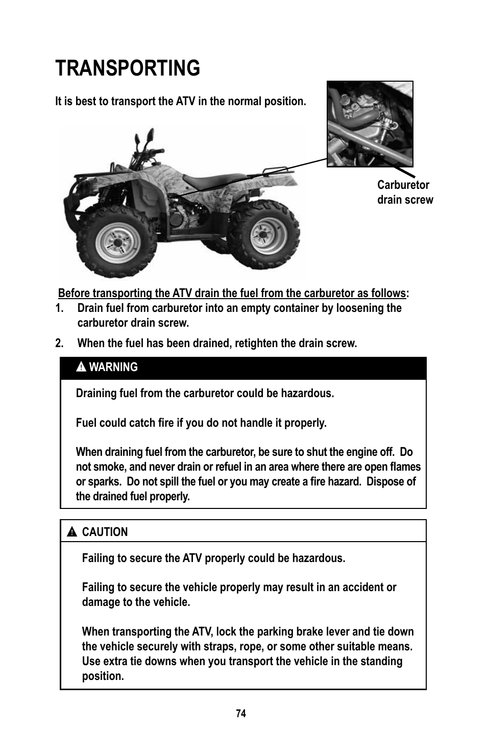 Transporting | Baja Motorsports WD400-U Operator's Manual User Manual | Page 78 / 89