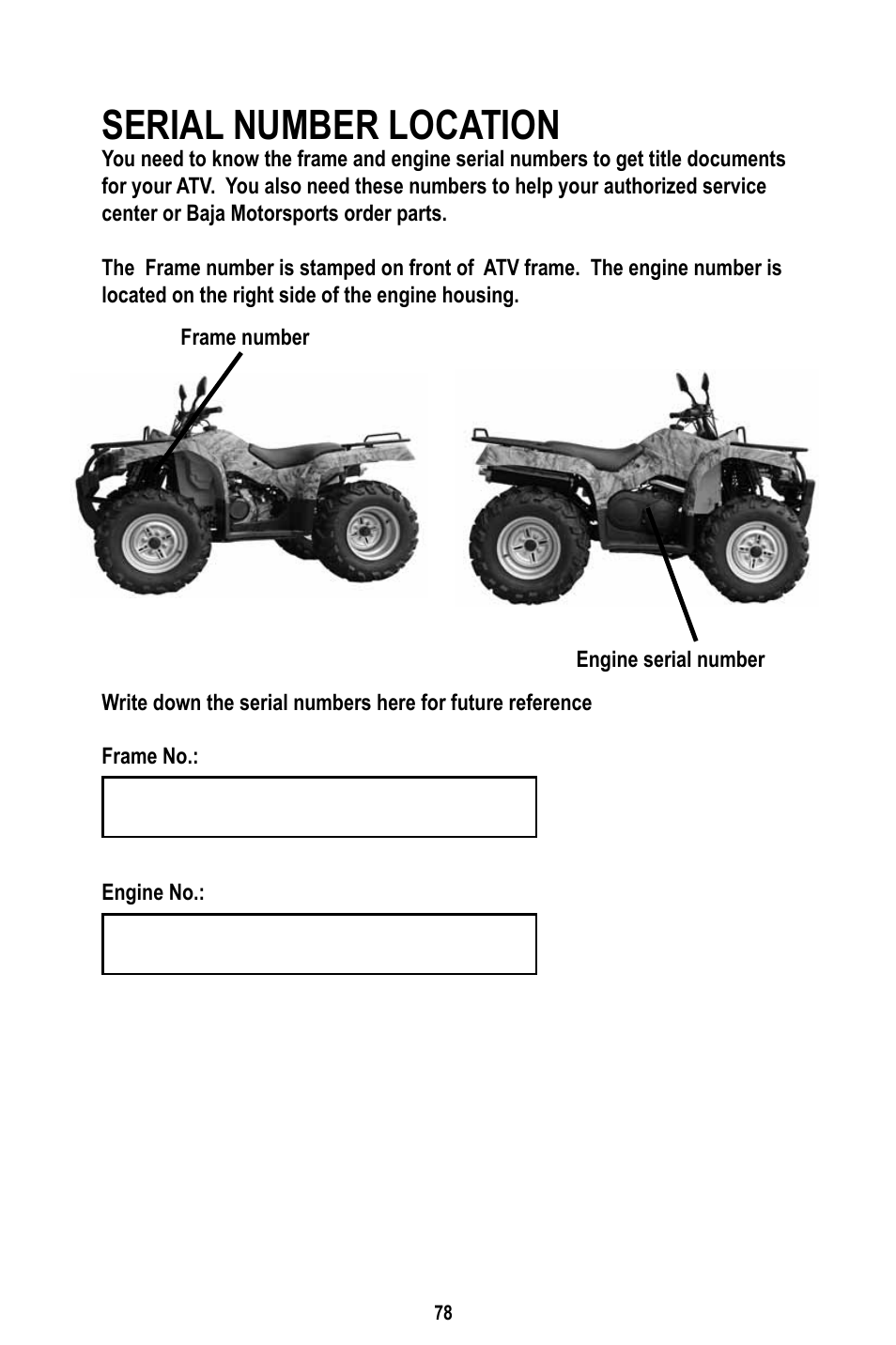 Serial number location | Baja Motorsports WD400-U Operator's Manual User Manual | Page 82 / 89
