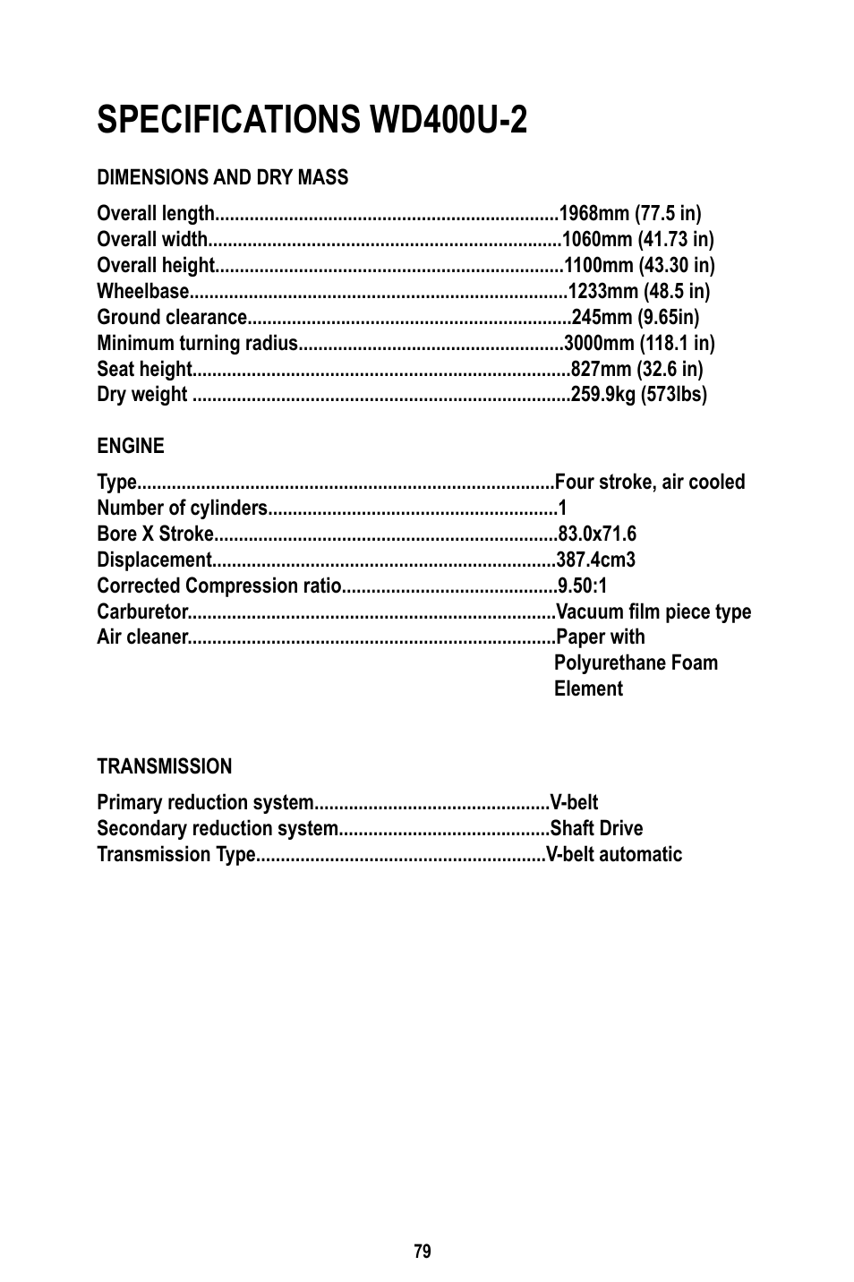 Specifications wd400u-2 | Baja Motorsports WD400-U Operator's Manual User Manual | Page 83 / 89