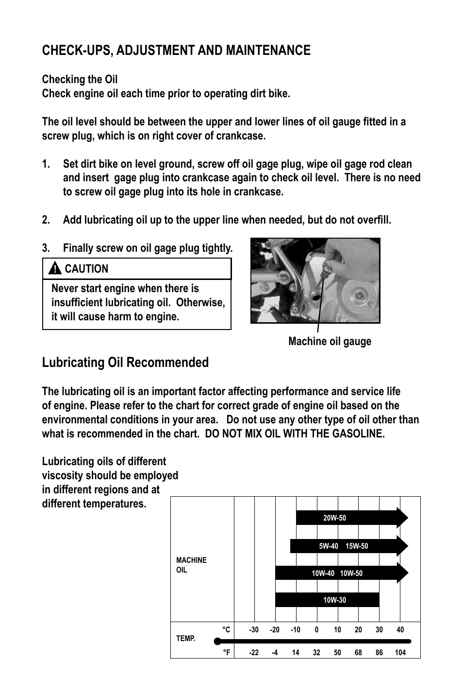 Check-ups, adjustment and maintenance, Lubricating oil recommended | Baja Motorsports WR90 User Manual | Page 15 / 32