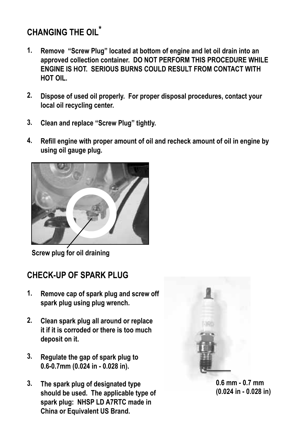 Changing the oil, Check-up of spark plug | Baja Motorsports WR90 User Manual | Page 16 / 32