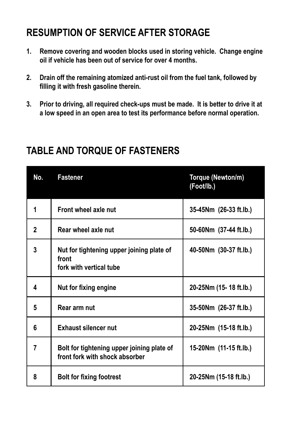 Resumption of service after storage, Table and torque of fasteners | Baja Motorsports WR90 User Manual | Page 25 / 32