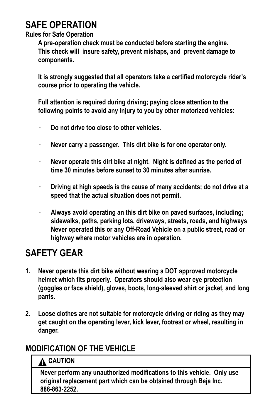 Safe operation, Safety gear, Modification of the vehicle | Baja Motorsports WR90 User Manual | Page 6 / 32