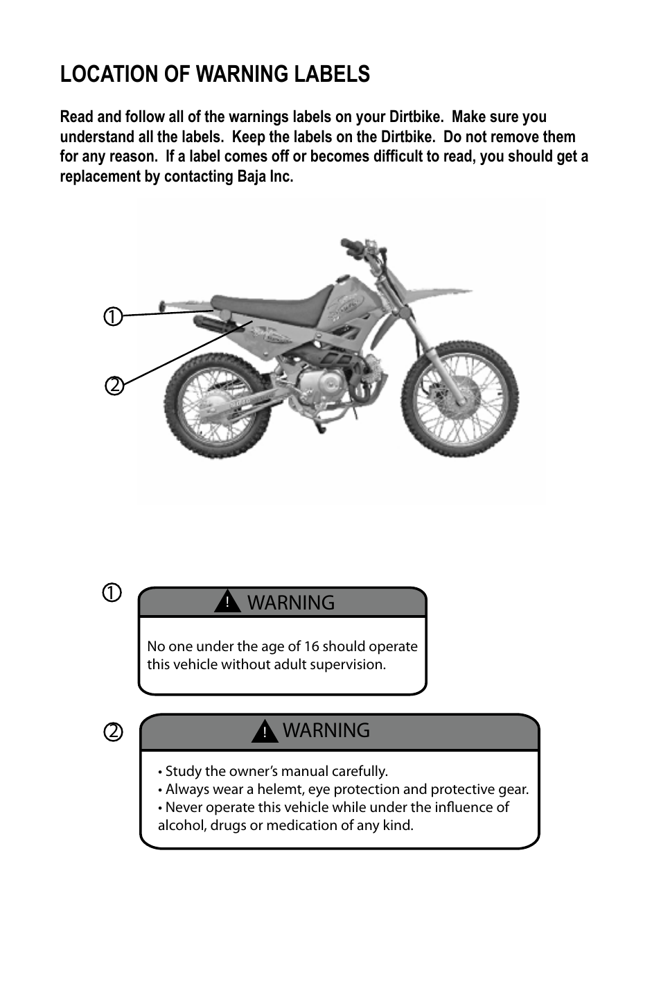 Location of warning labels, Warning | Baja Motorsports WR90 User Manual | Page 7 / 32