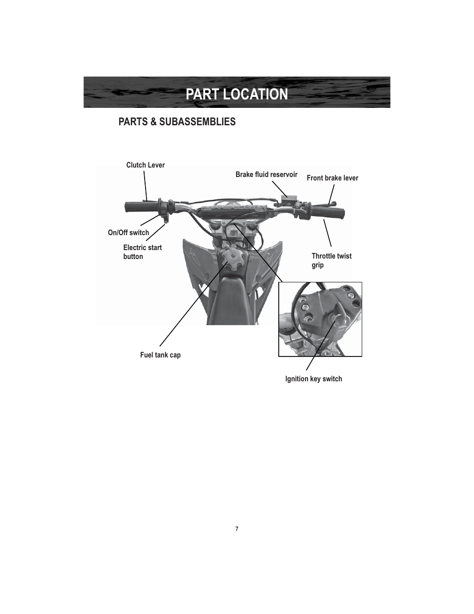 Part location, Parts & subassemblies | Baja Motorsports X250 User Manual | Page 10 / 41