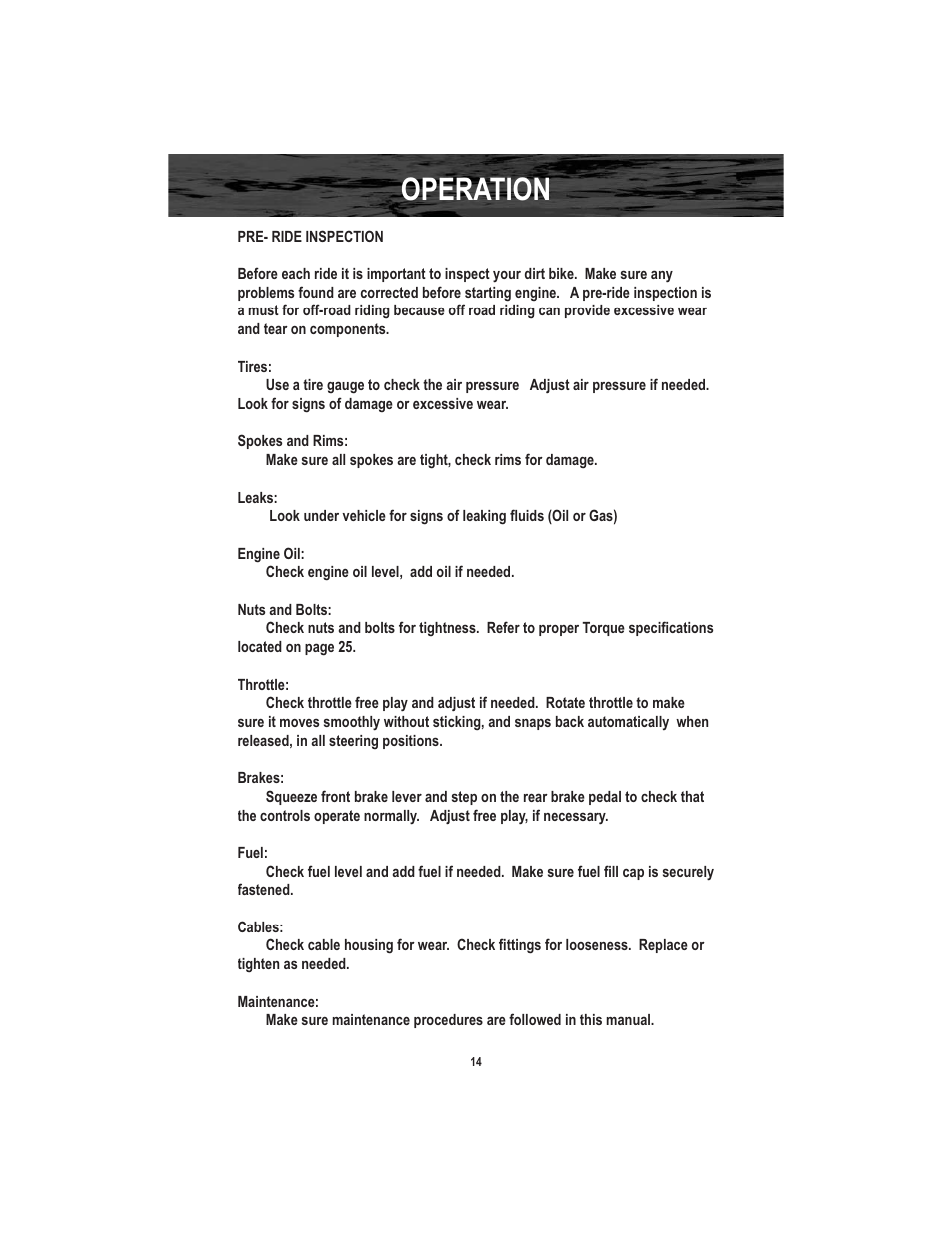 Operation | Baja Motorsports X250 User Manual | Page 17 / 41