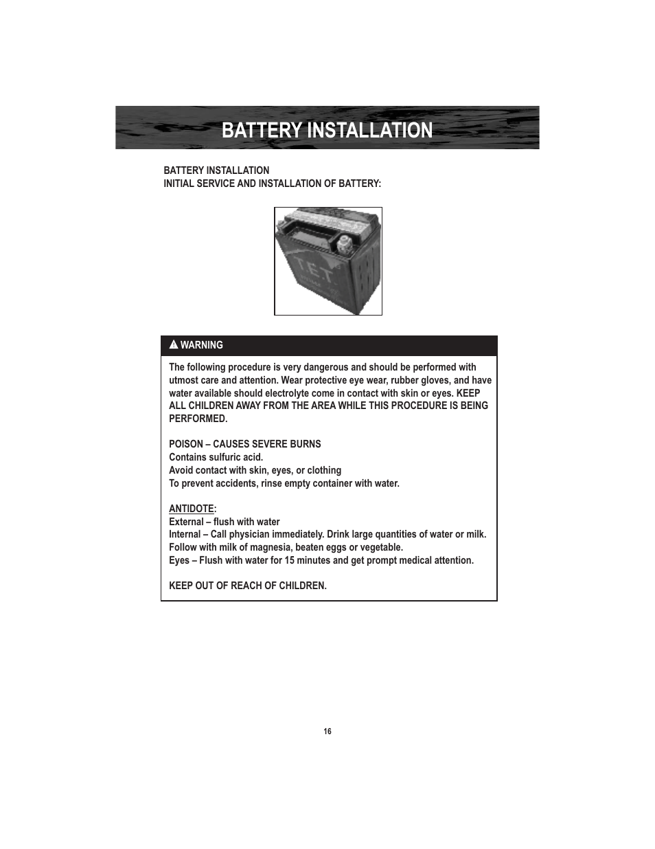 Battery installation | Baja Motorsports X250 User Manual | Page 19 / 41