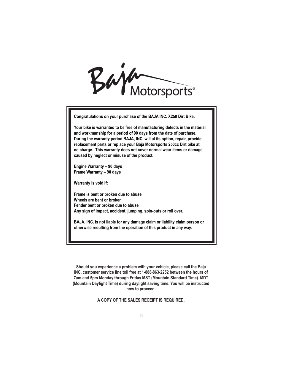 Baja Motorsports X250 User Manual | Page 2 / 41