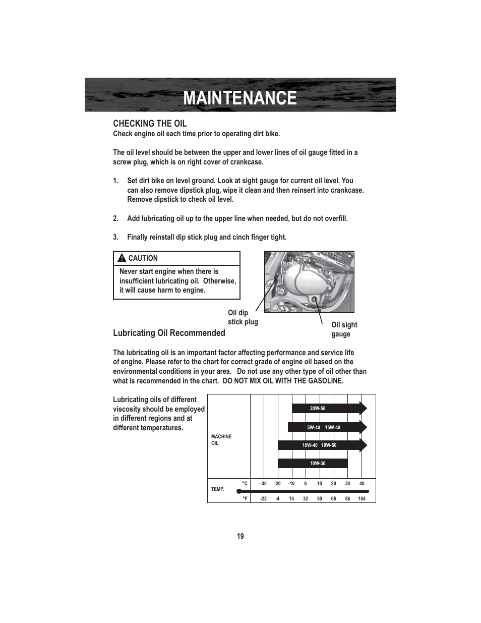 Maintenance, Checking the oil, Lubricating oil recommended | Baja Motorsports X250 User Manual | Page 22 / 41