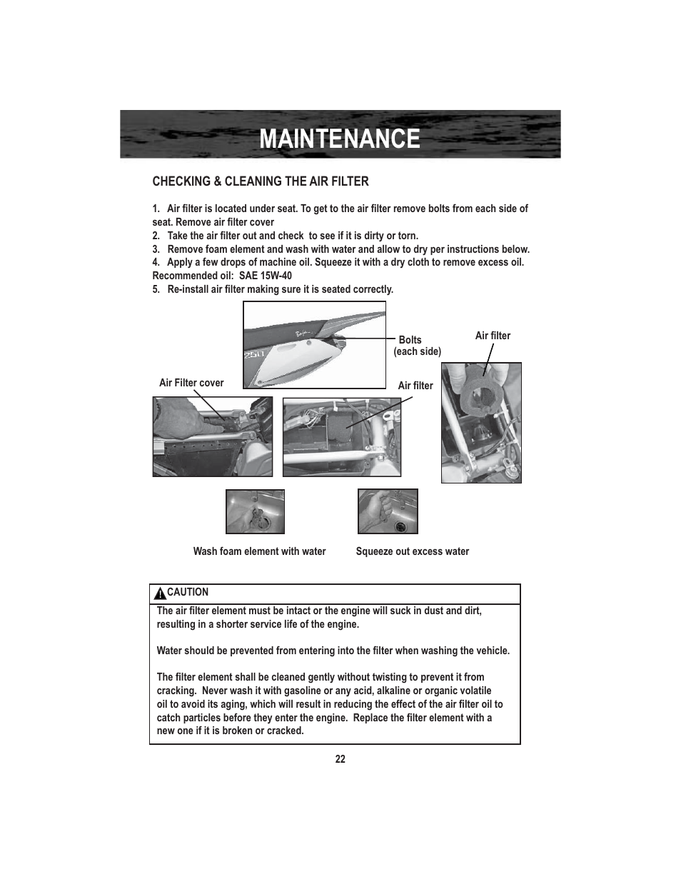 Maintenance | Baja Motorsports X250 User Manual | Page 25 / 41