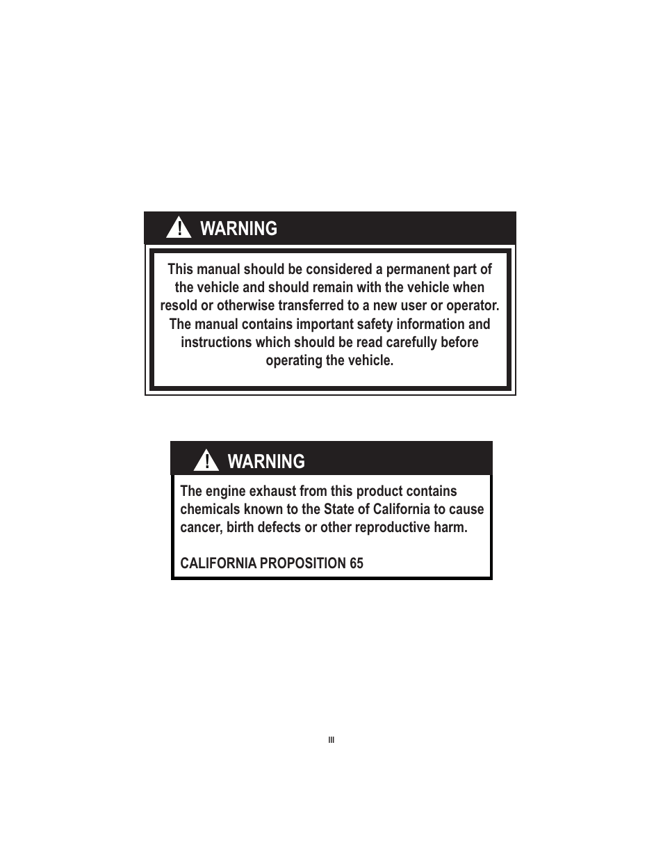 Warning ! warning | Baja Motorsports X250 User Manual | Page 3 / 41