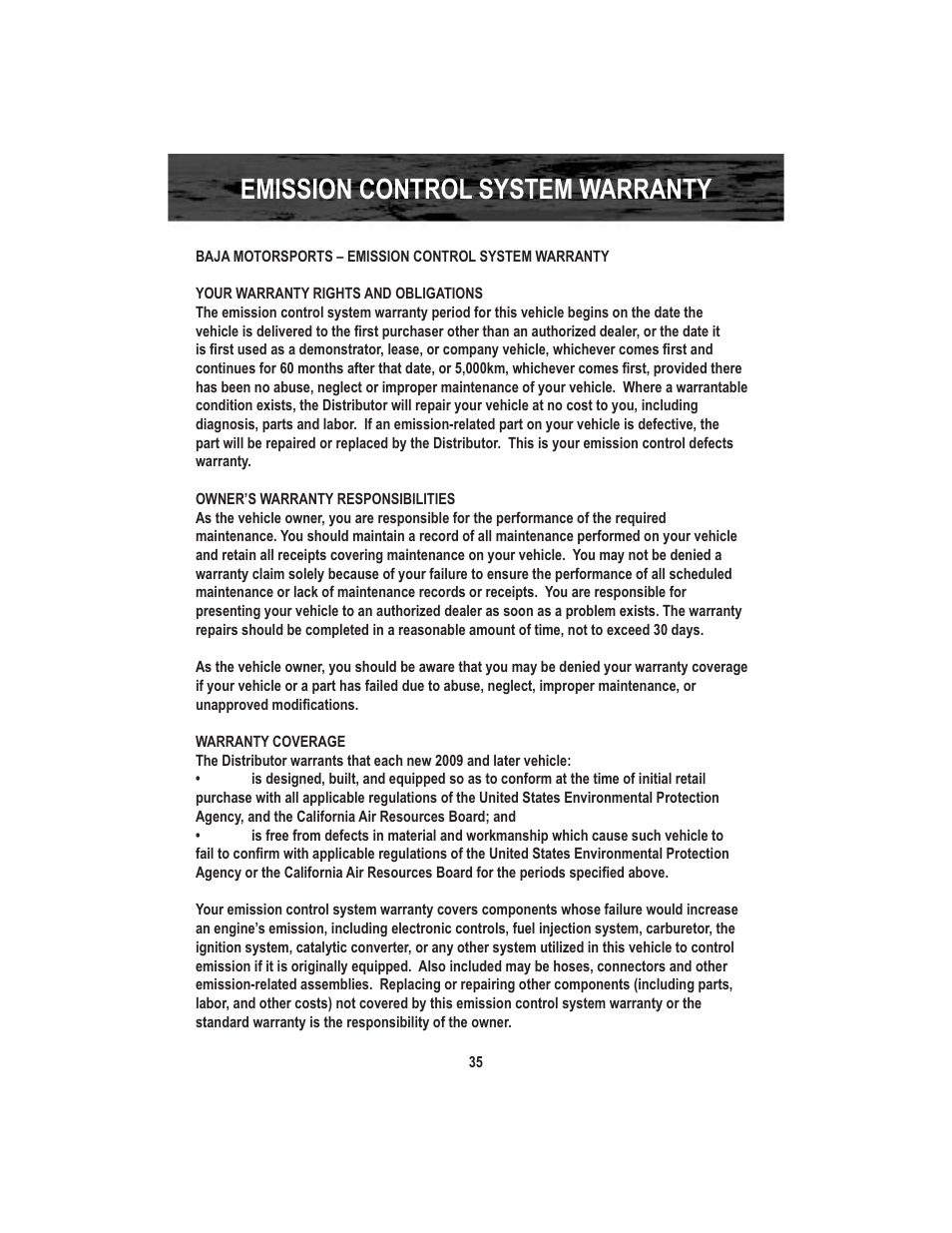 Emission control system warranty | Baja Motorsports X250 User Manual | Page 38 / 41