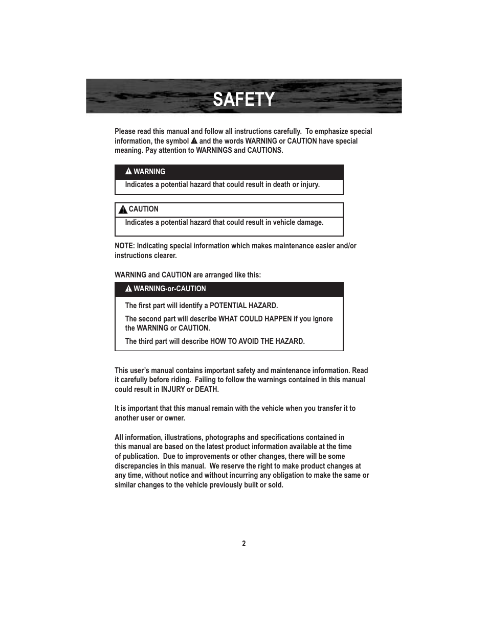 Safety | Baja Motorsports X250 User Manual | Page 5 / 41