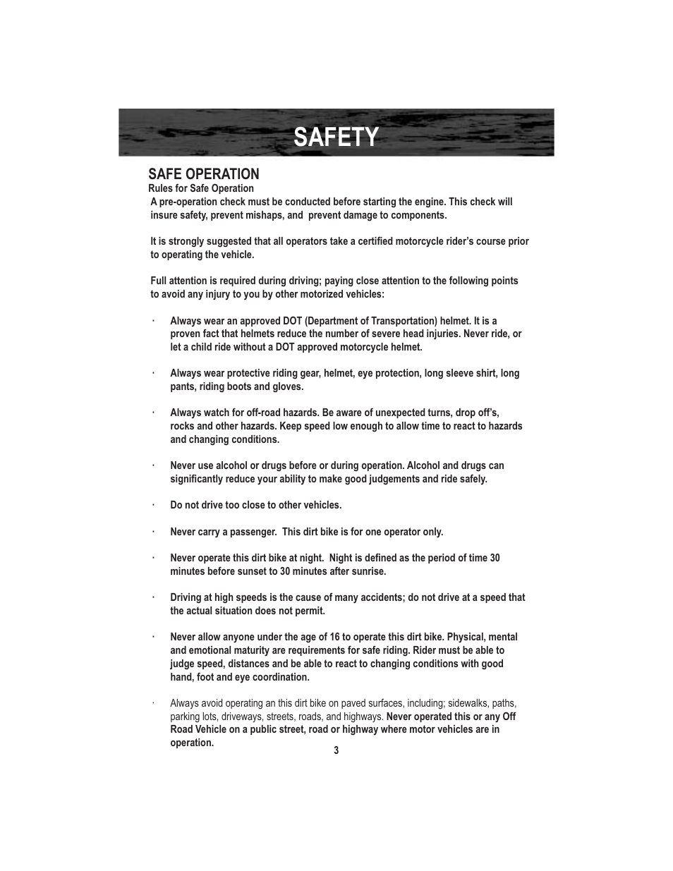 Safety, Safe operation | Baja Motorsports X250 User Manual | Page 6 / 41