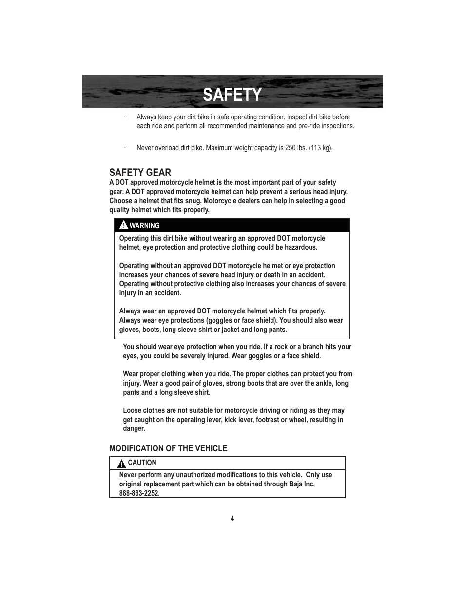 Safety, Safety gear | Baja Motorsports X250 User Manual | Page 7 / 41