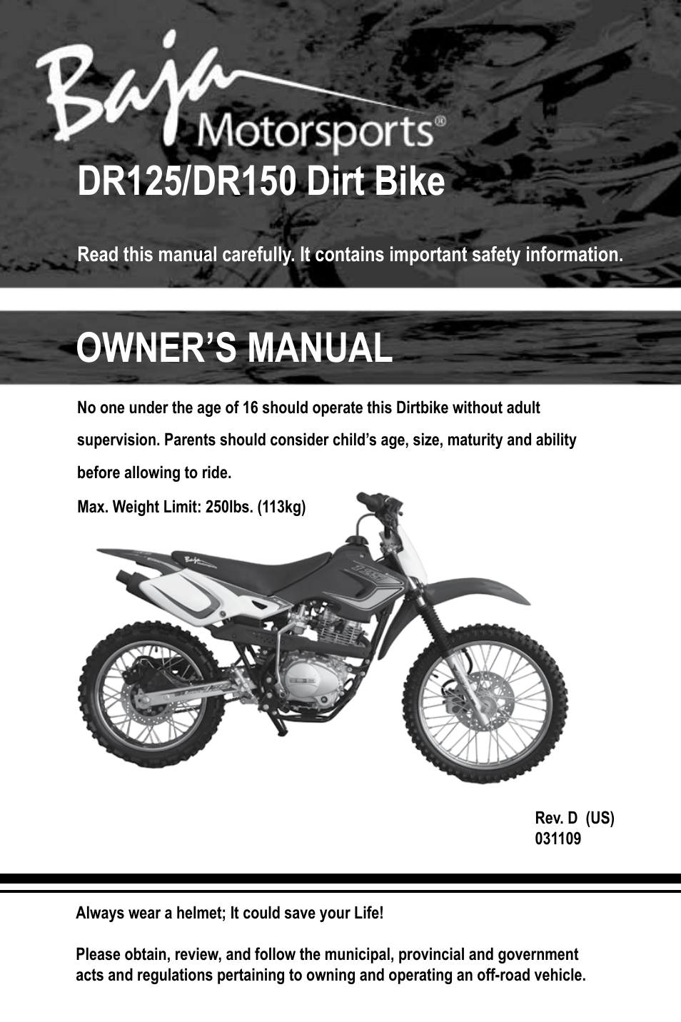 Baja Motorsports DR125 Operator's Manual User Manual | 39 pages