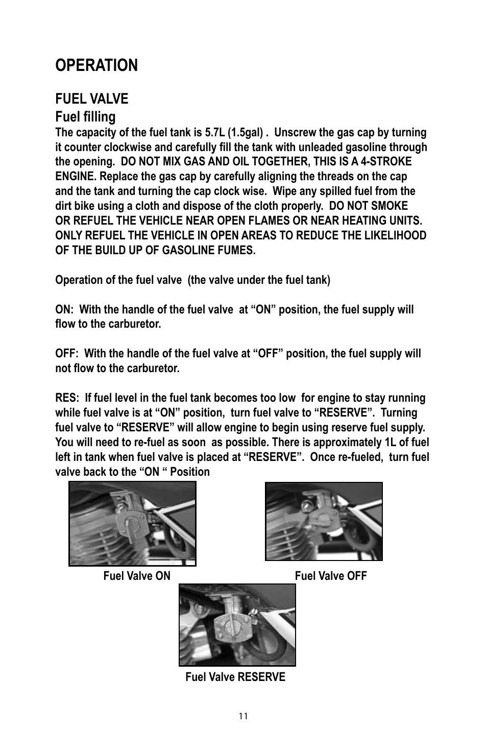 Operation, Fuel valve fuel filling | Baja Motorsports DR125 Operator's Manual User Manual | Page 14 / 39