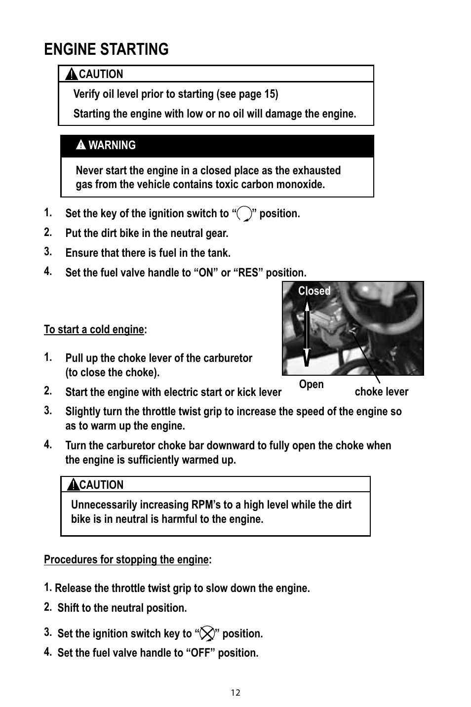Engine starting | Baja Motorsports DR125 Operator's Manual User Manual | Page 15 / 39