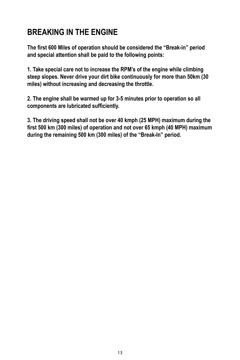 Breaking in the engine | Baja Motorsports DR125 Operator's Manual User Manual | Page 16 / 39
