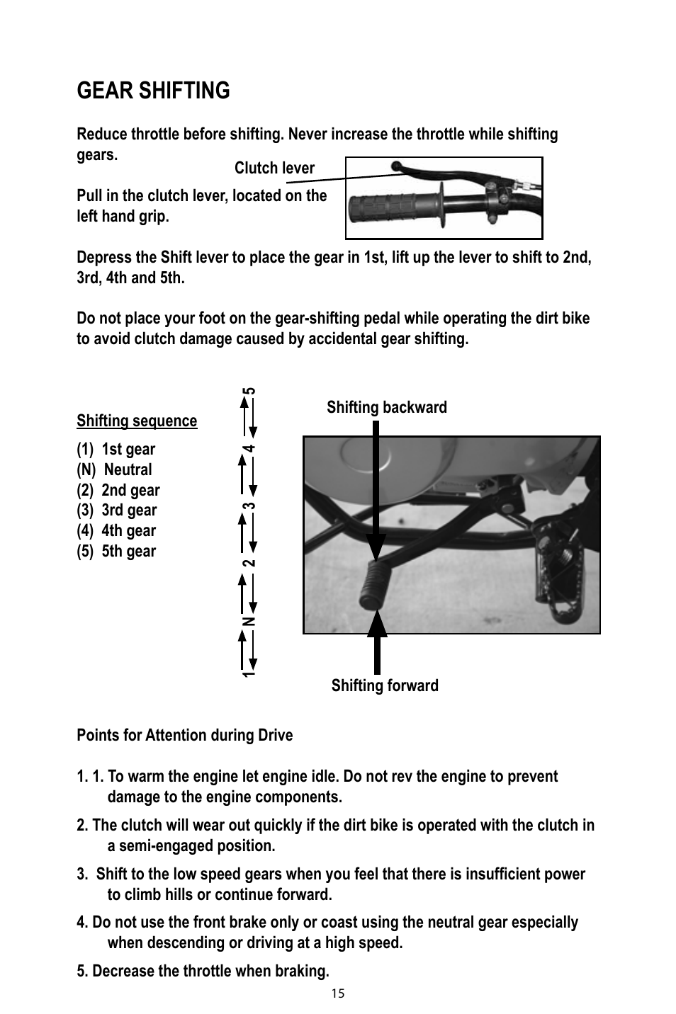 Gear shifting | Baja Motorsports DR125 Operator's Manual User Manual | Page 18 / 39
