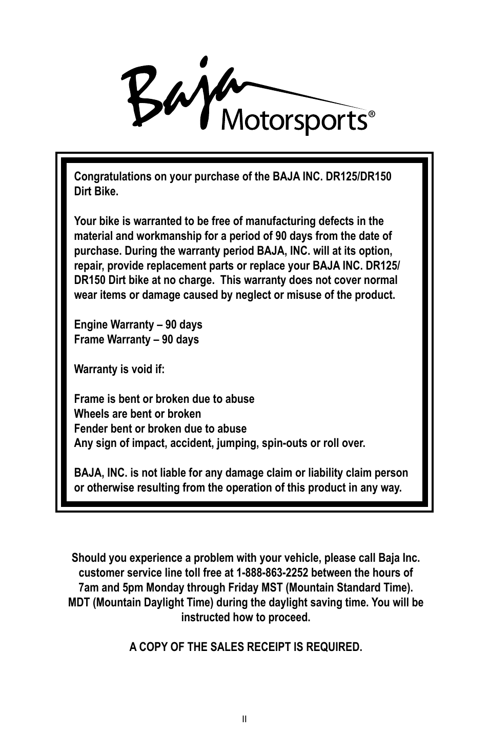 Baja Motorsports DR125 Operator's Manual User Manual | Page 2 / 39
