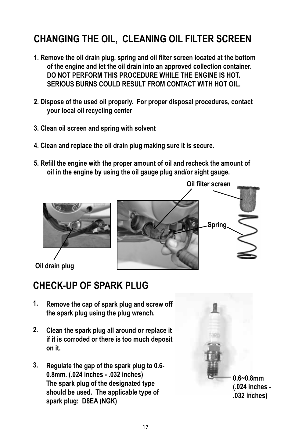 Changing the oil, cleaning oil filter screen, Check-up of spark plug | Baja Motorsports DR125 Operator's Manual User Manual | Page 20 / 39