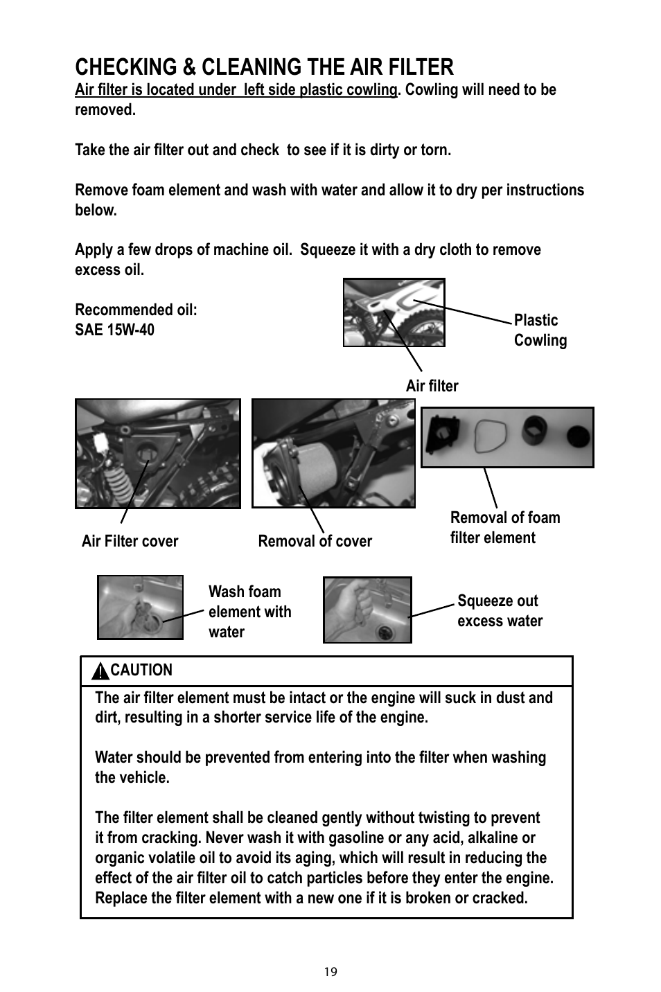 Checking & cleaning the air filter | Baja Motorsports DR125 Operator's Manual User Manual | Page 22 / 39