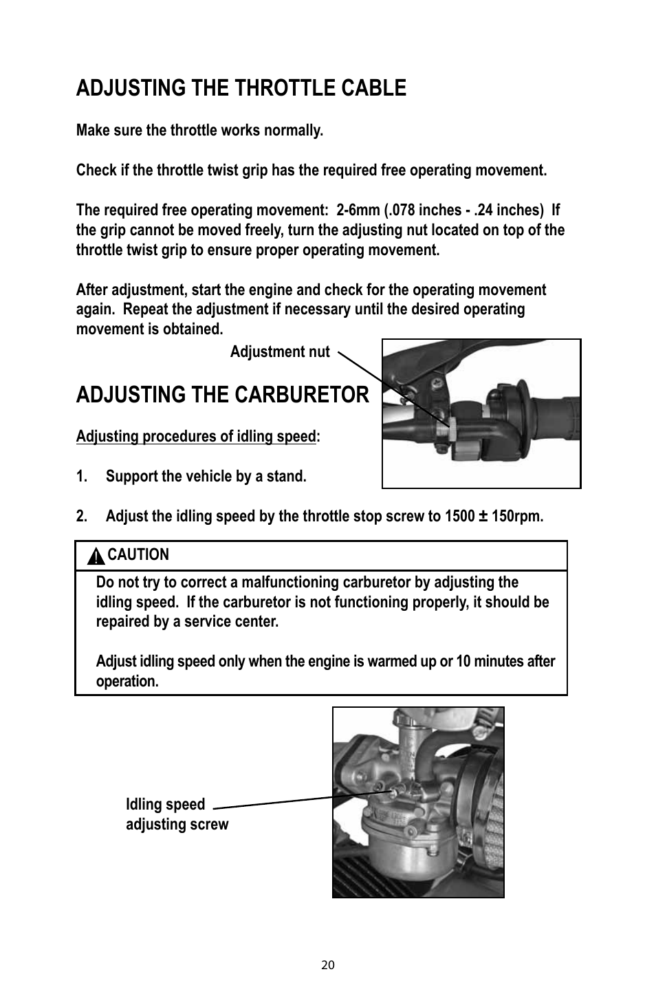 Adjusting the throttle cable, Adjusting the carburetor | Baja Motorsports DR125 Operator's Manual User Manual | Page 23 / 39