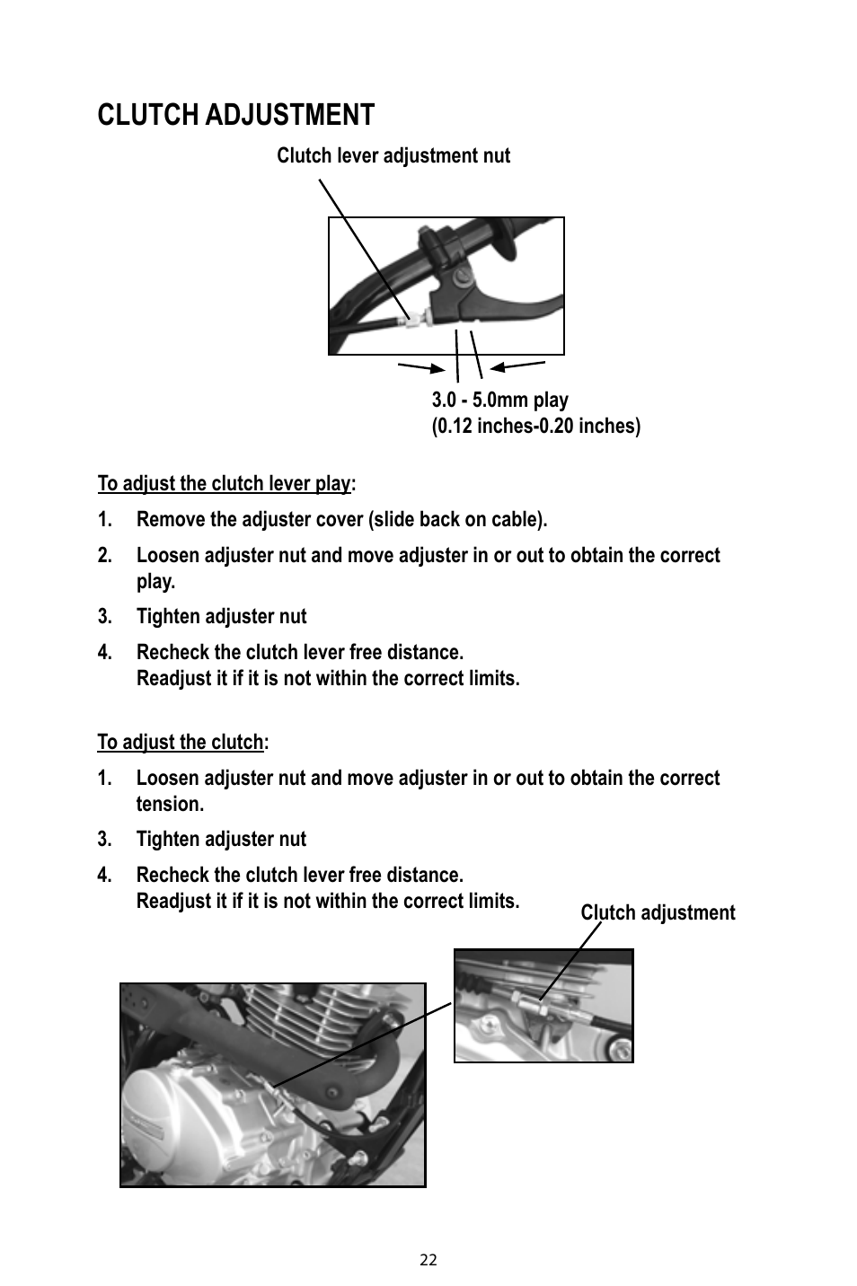 Clutch adjustment | Baja Motorsports DR125 Operator's Manual User Manual | Page 25 / 39