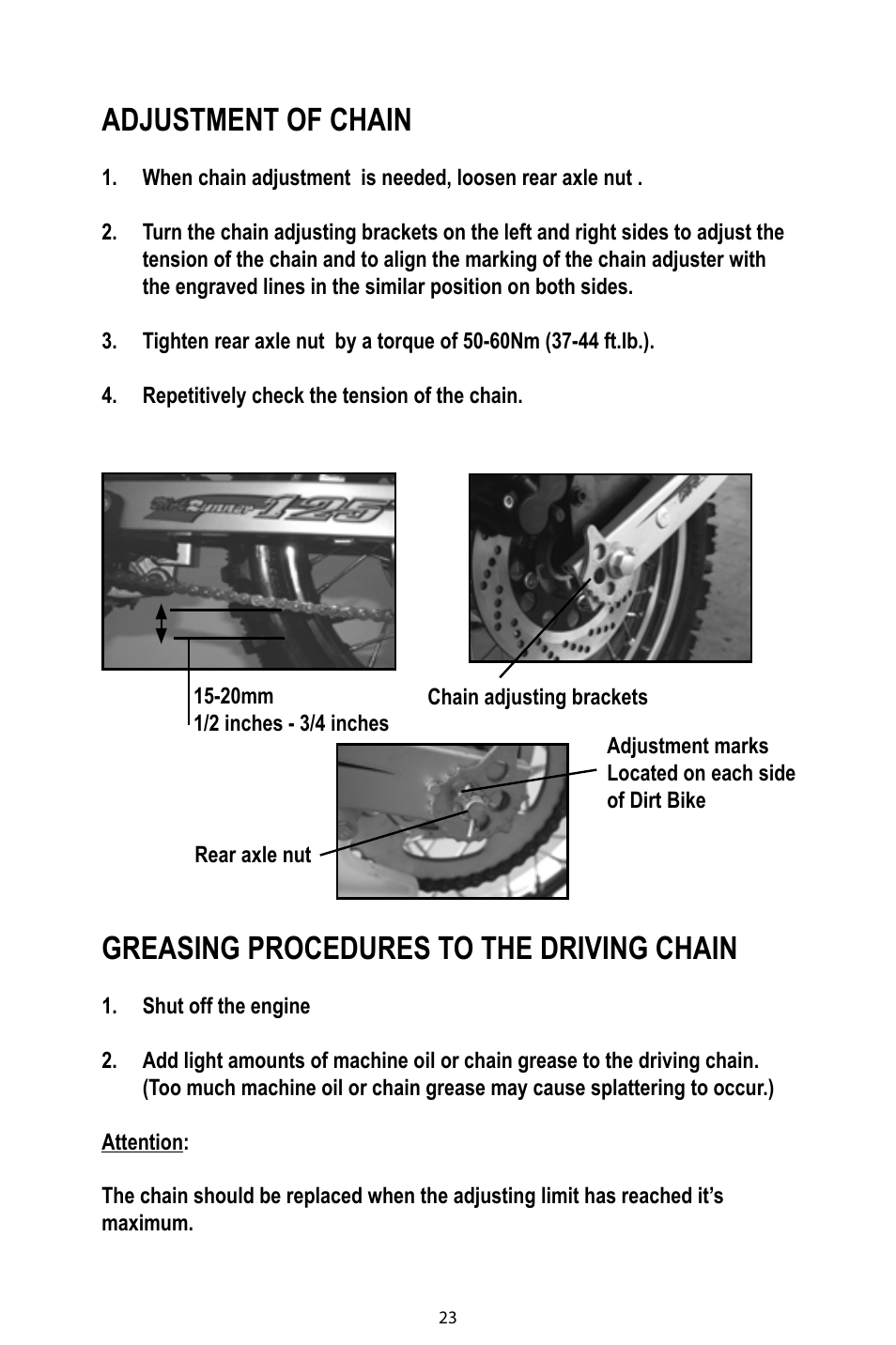 Greasing procedures to the driving chain, Adjustment of chain | Baja Motorsports DR125 Operator's Manual User Manual | Page 26 / 39