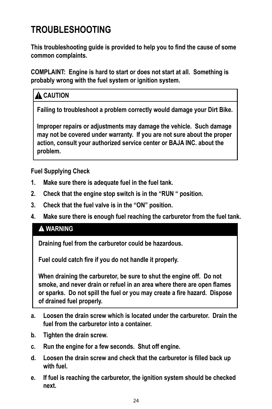 Troubleshooting | Baja Motorsports DR125 Operator's Manual User Manual | Page 27 / 39