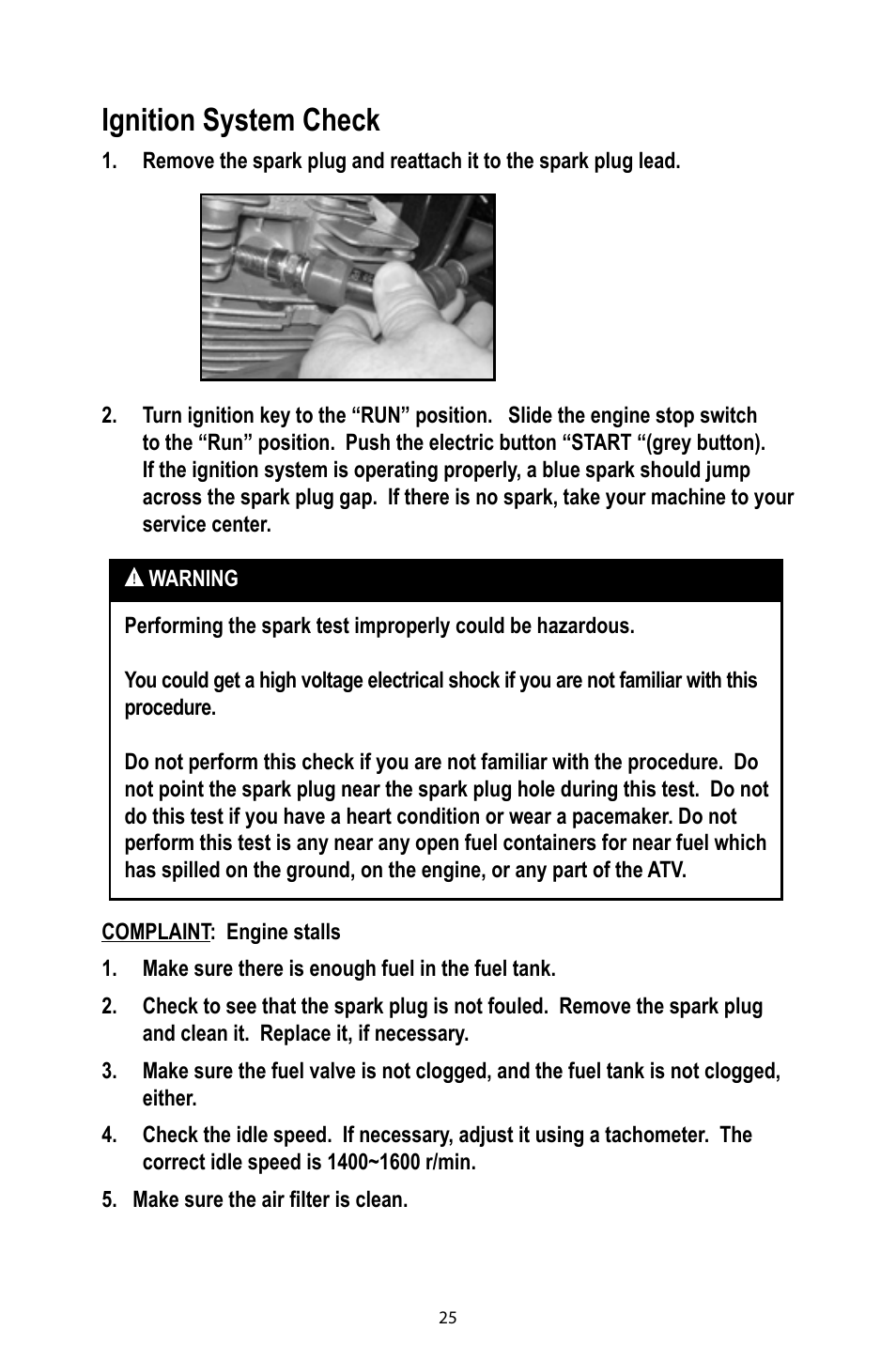 Ignition system check | Baja Motorsports DR125 Operator's Manual User Manual | Page 28 / 39