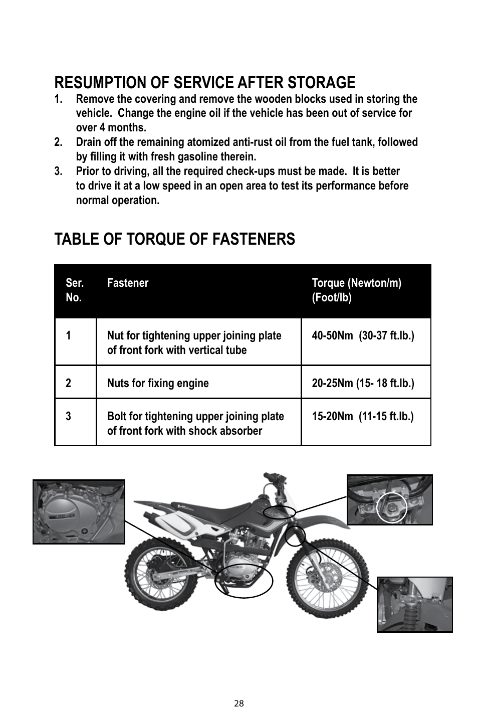 Resumption of service after storage, Table of torque of fasteners | Baja Motorsports DR125 Operator's Manual User Manual | Page 31 / 39