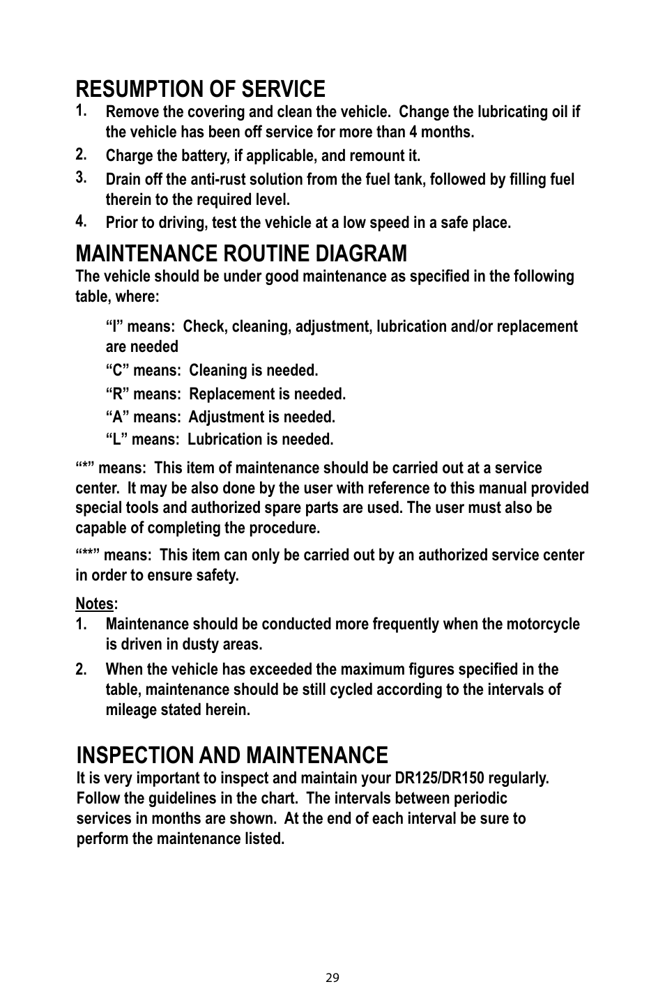 Resumption of service, Maintenance routine diagram, Inspection and maintenance | Baja Motorsports DR125 Operator's Manual User Manual | Page 32 / 39