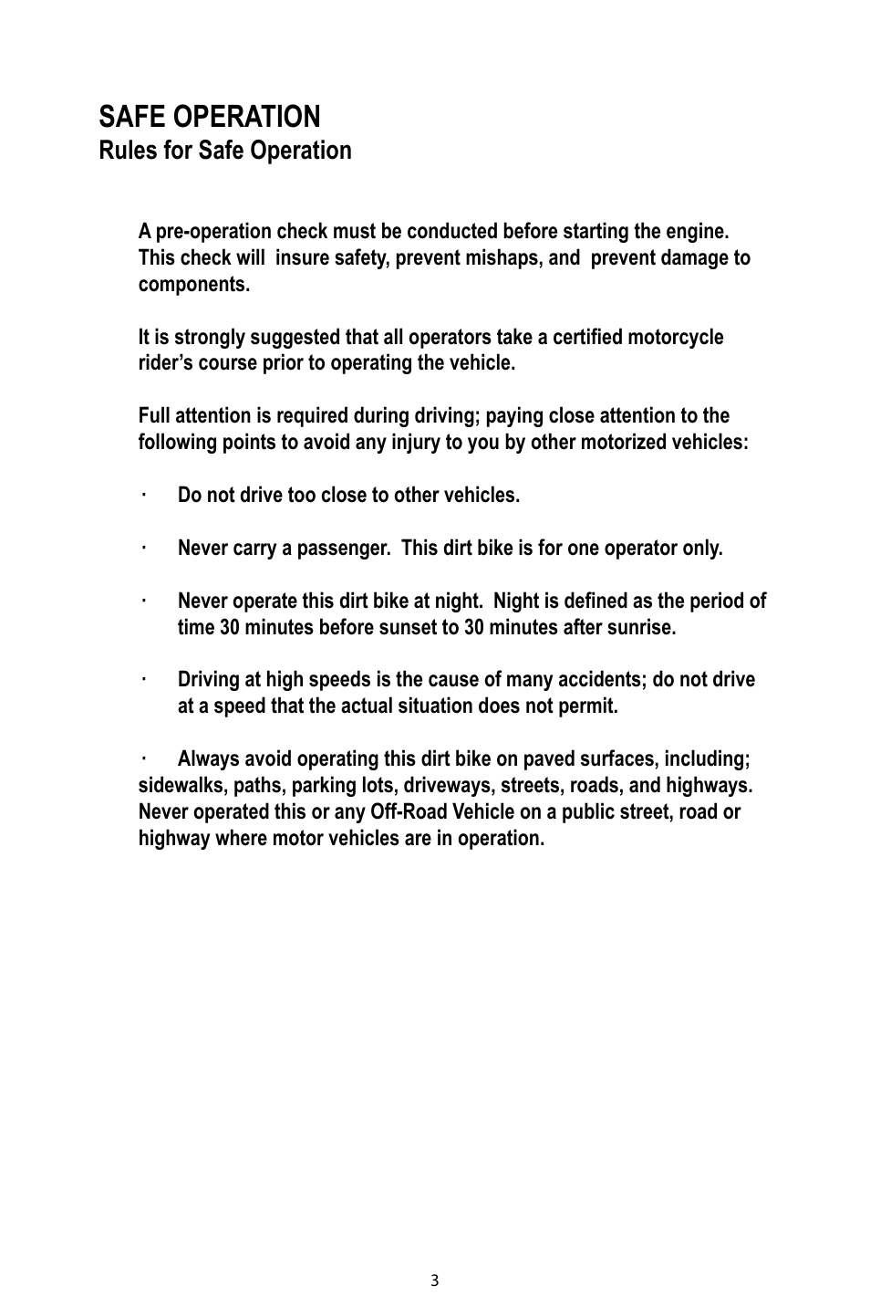 Safe operation, Rules for safe operation | Baja Motorsports DR125 Operator's Manual User Manual | Page 6 / 39