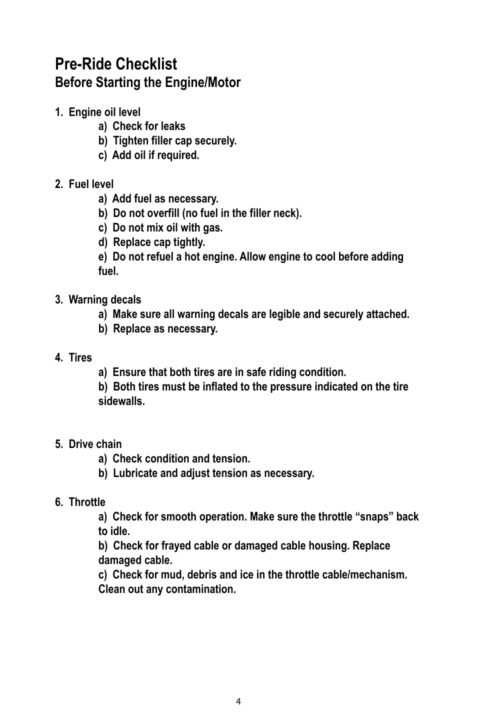 Pre-ride checklist, Before starting the engine/motor | Baja Motorsports DR125 Operator's Manual User Manual | Page 7 / 39