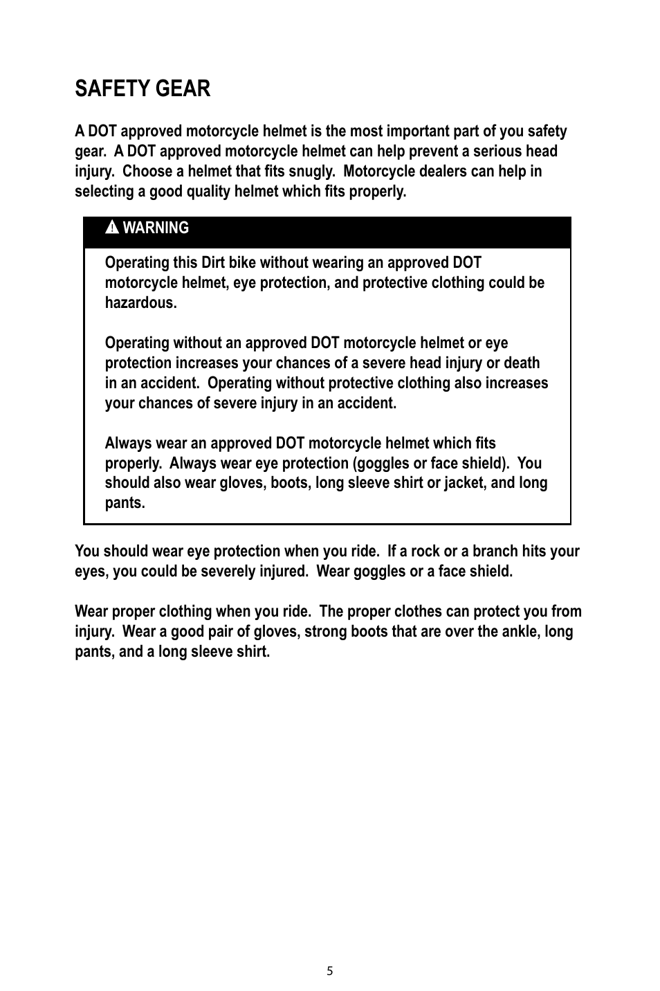 Safety gear | Baja Motorsports DR125 Operator's Manual User Manual | Page 8 / 39