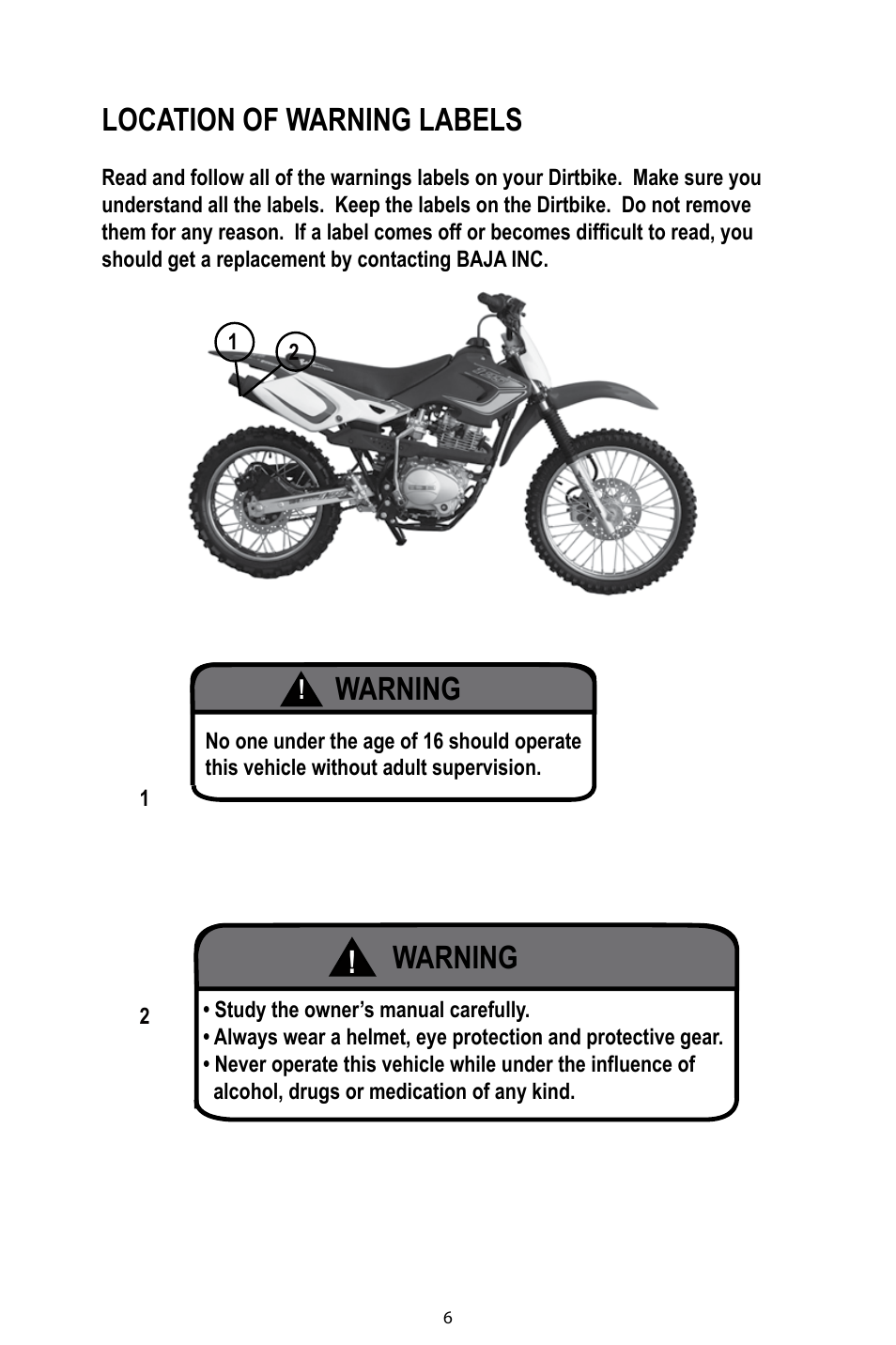 Location of warning labels, Warning warning | Baja Motorsports DR125 Operator's Manual User Manual | Page 9 / 39