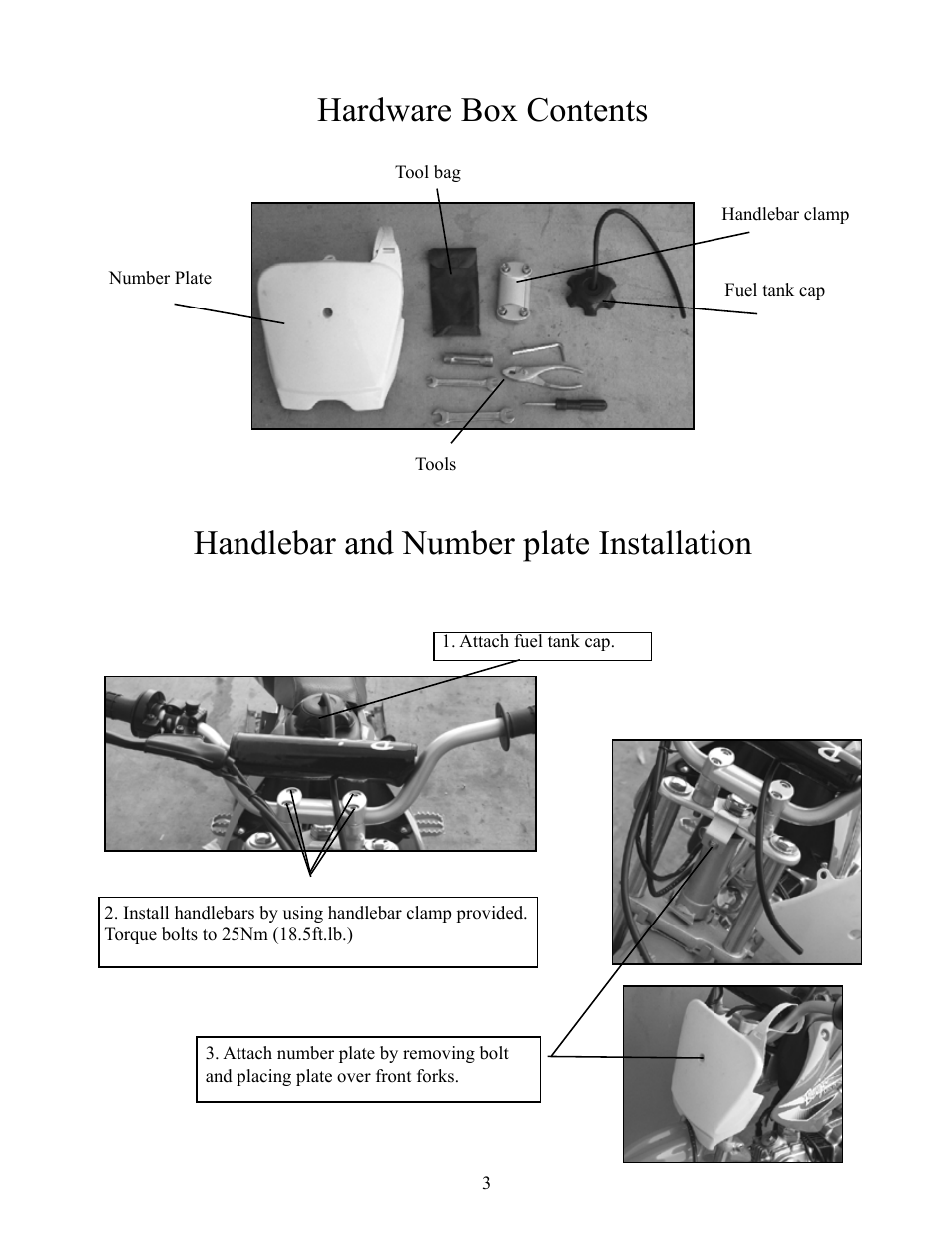 Hardware box contents, Handlebar and number plate installation | Baja Motorsports DR49 Assembly Guide User Manual | Page 3 / 4