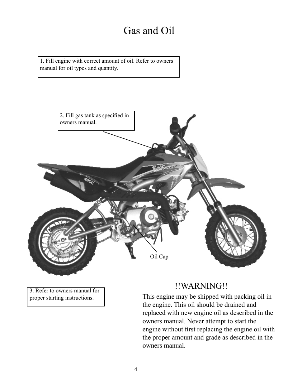 Gas and oil, Warning | Baja Motorsports DR49 Assembly Guide User Manual | Page 4 / 4