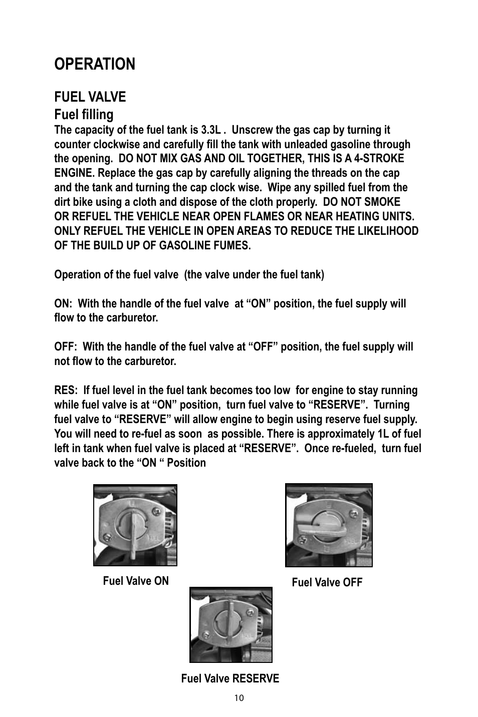 Operation, Fuel valve fuel filling | Baja Motorsports DR49 Operator's Manual User Manual | Page 13 / 38