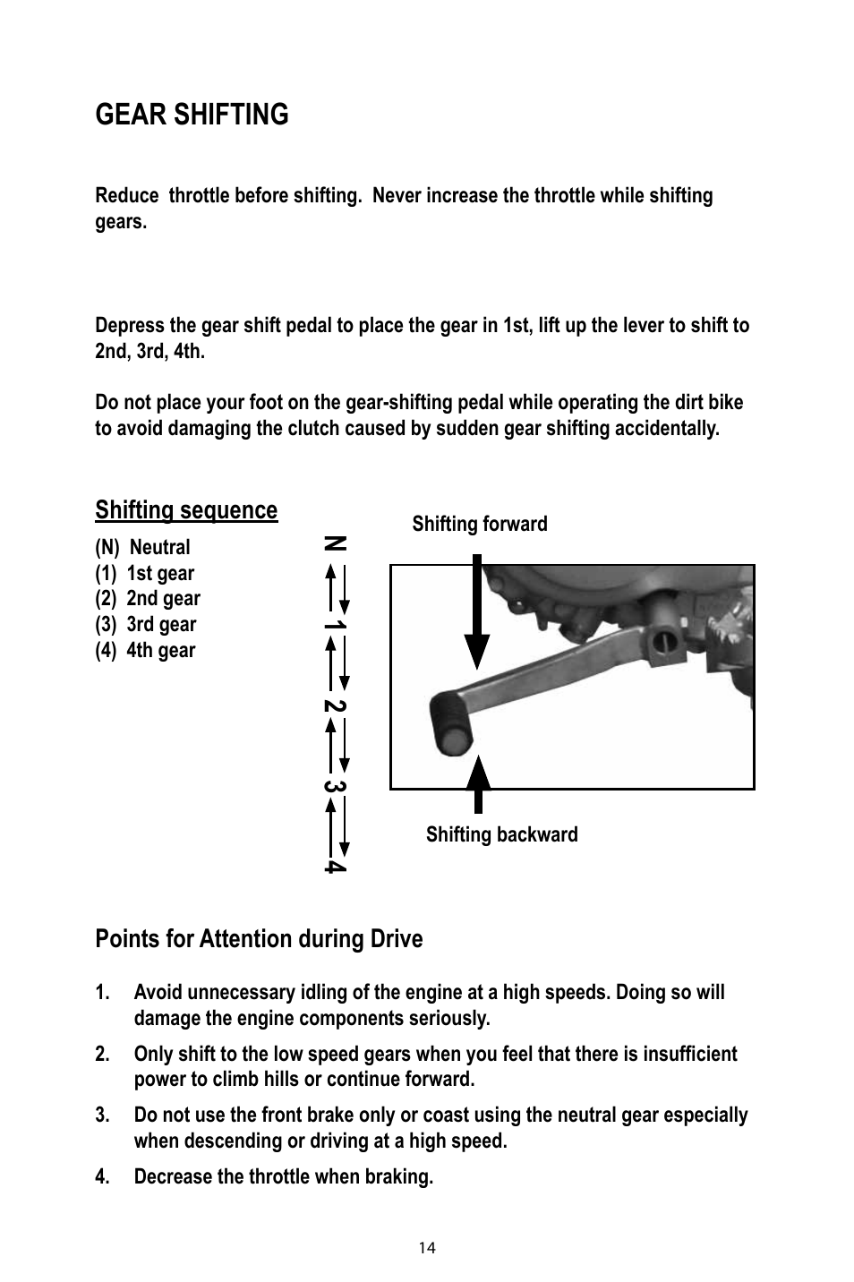 Gear shifting, N1 2 3 4 | Baja Motorsports DR49 Operator's Manual User Manual | Page 17 / 38