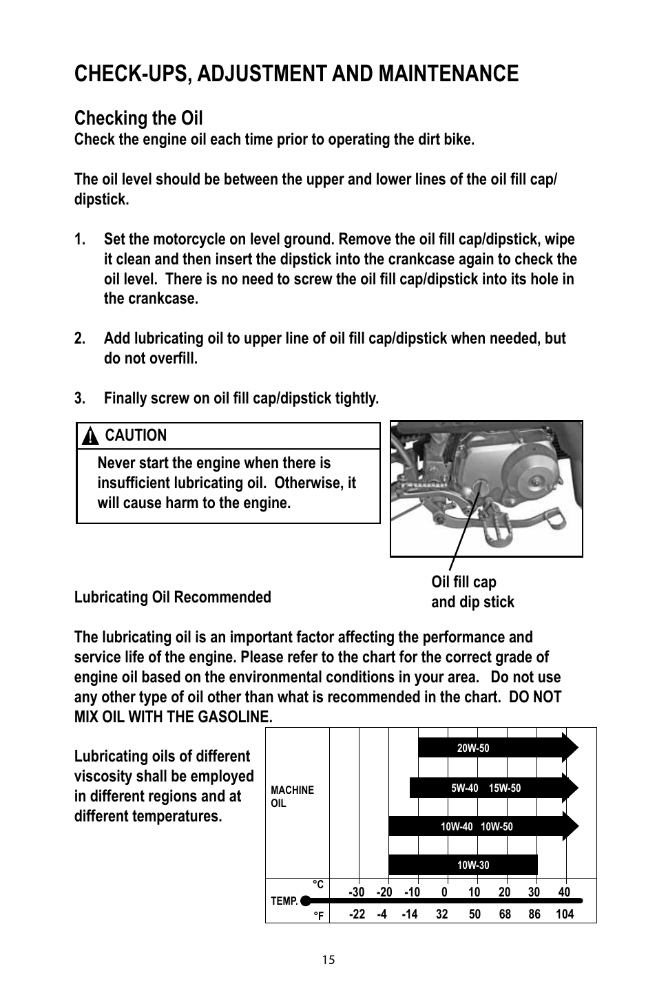 Check-ups, adjustment and maintenance, Checking the oil | Baja Motorsports DR49 Operator's Manual User Manual | Page 18 / 38